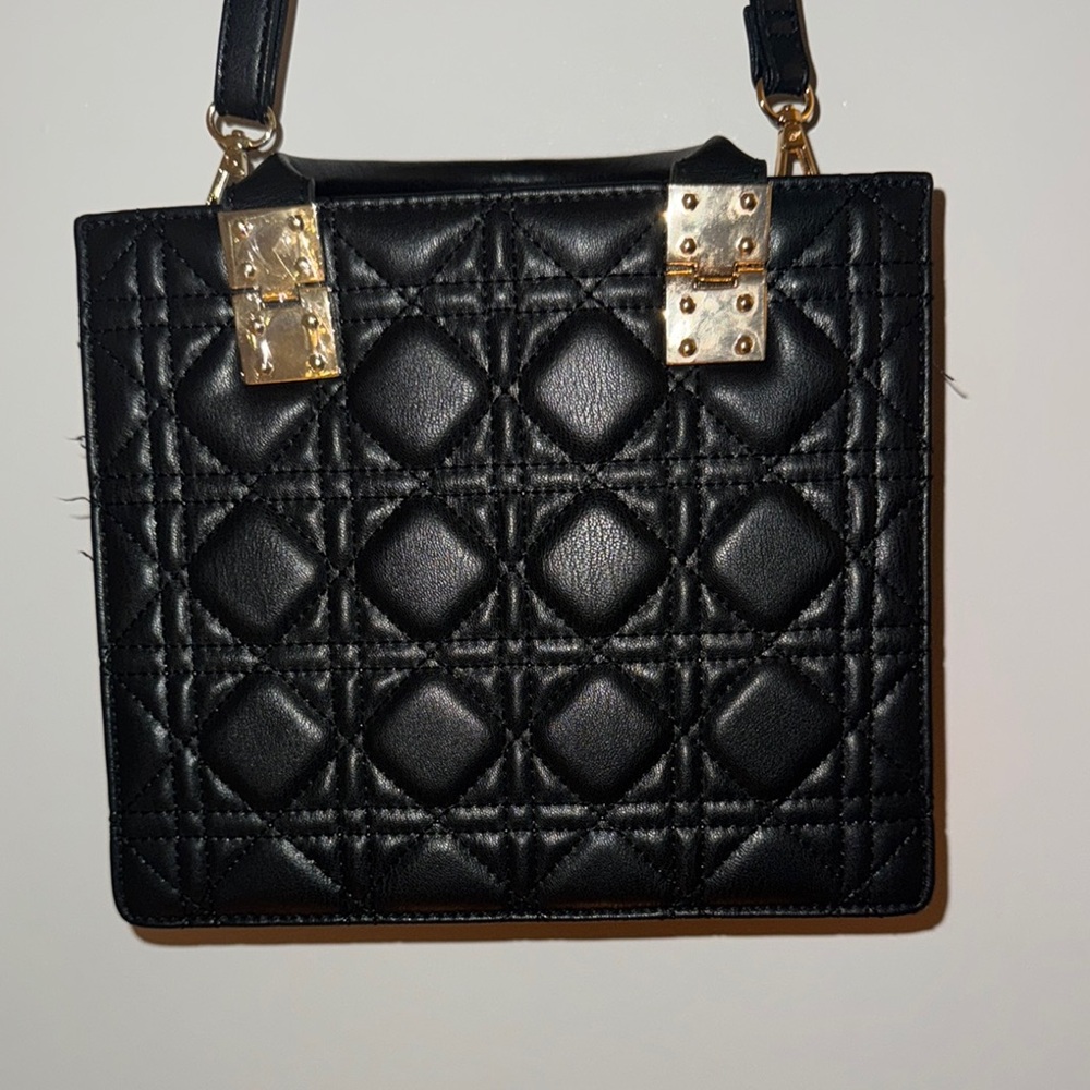 Black Quilted Handbag with Gold Accents